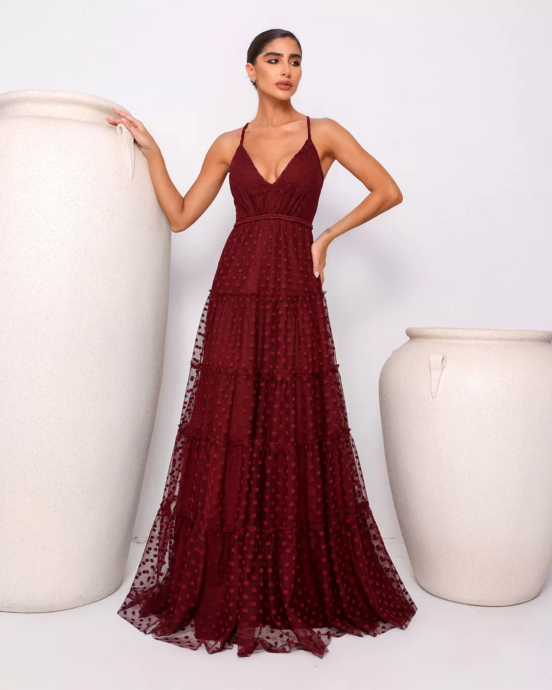 Dot Clothing - Dress Dot Clothing Long Tulle Poá Bordo - 1889BORDO Dot Clothing - Dress Dot Clothing Long Tulle Poá Bordo - 1889BORDO
