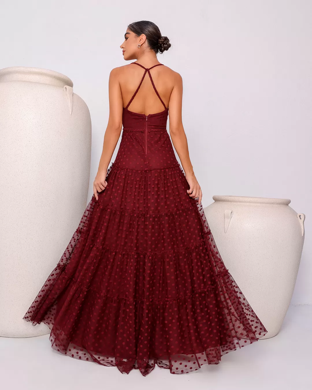Dot Clothing - Dress Dot Clothing Long Tulle Poá Bordo - 1889BORDO Dot Clothing - Dress Dot Clothing Long Tulle Poá Bordo - 1889BORDO