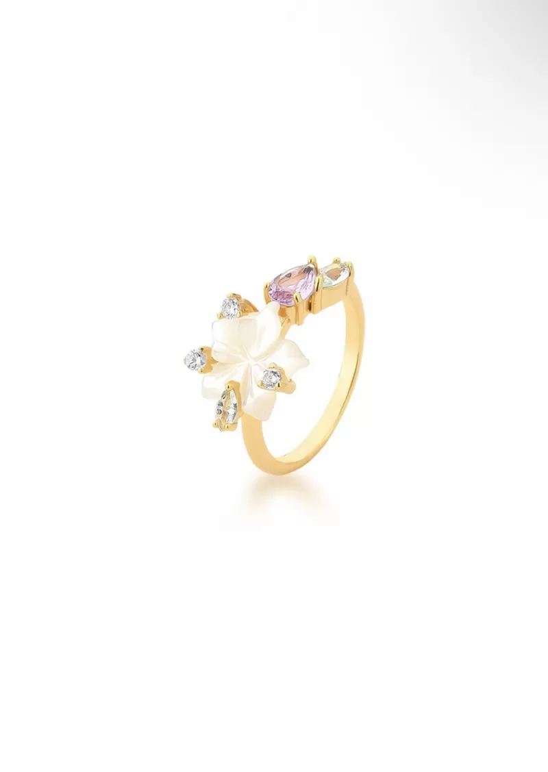 Mikabe - Flower Mother of Pearl and Crystals Ring - Size 18 - MK1515