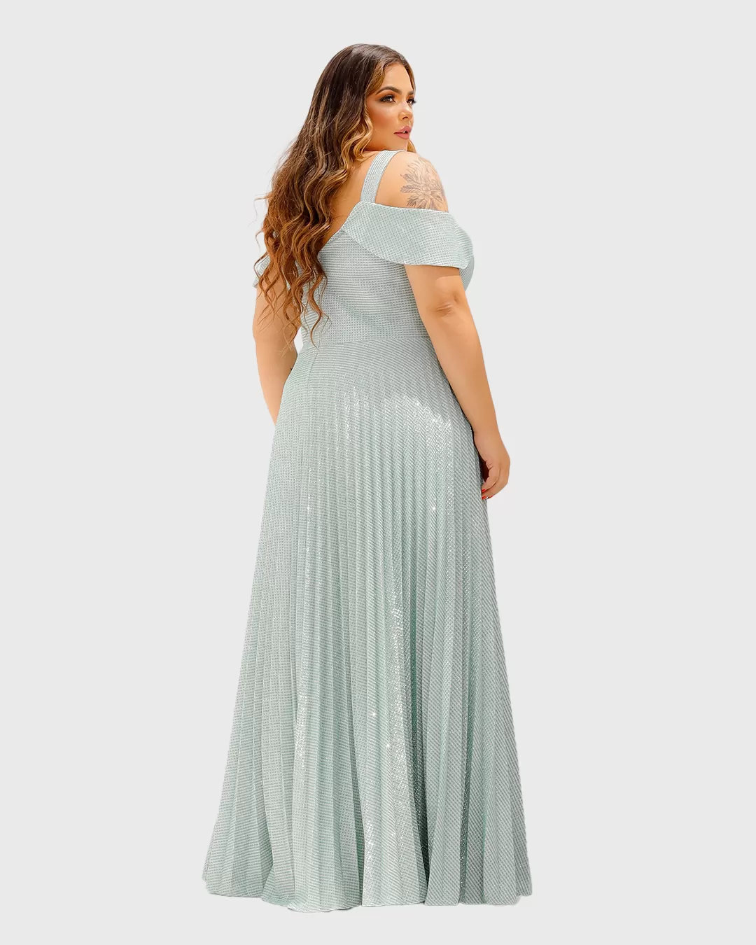 Cappuccino - Long Cappuccino Dress with Green Shoulder Detail - 8J152PSVERDE Cappuccino - Long Cappuccino Dress with Green Shoulder Detail - 8J152PSVERDE