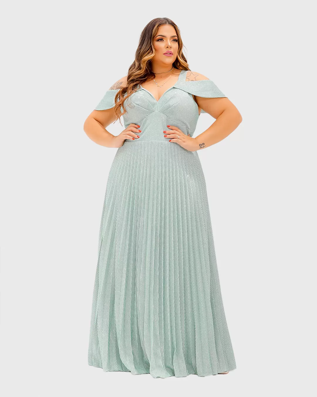 Cappuccino - Long Cappuccino Dress with Green Shoulder Detail - 8J152PSVERDE Cappuccino - Long Cappuccino Dress with Green Shoulder Detail - 8J152PSVERDE