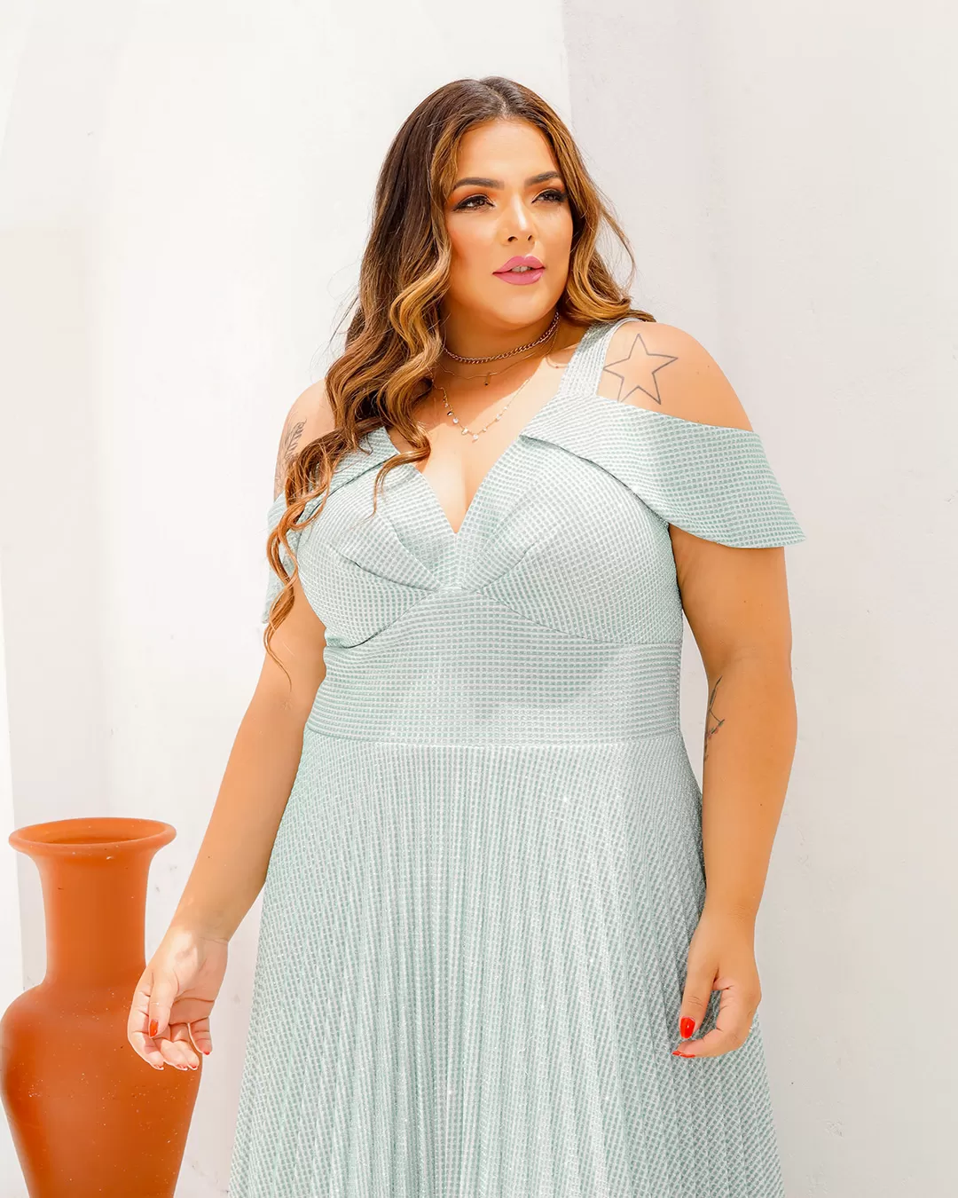 Cappuccino - Long Cappuccino Dress with Green Shoulder Detail - 8J152PSVERDE Cappuccino - Long Cappuccino Dress with Green Shoulder Detail - 8J152PSVERDE