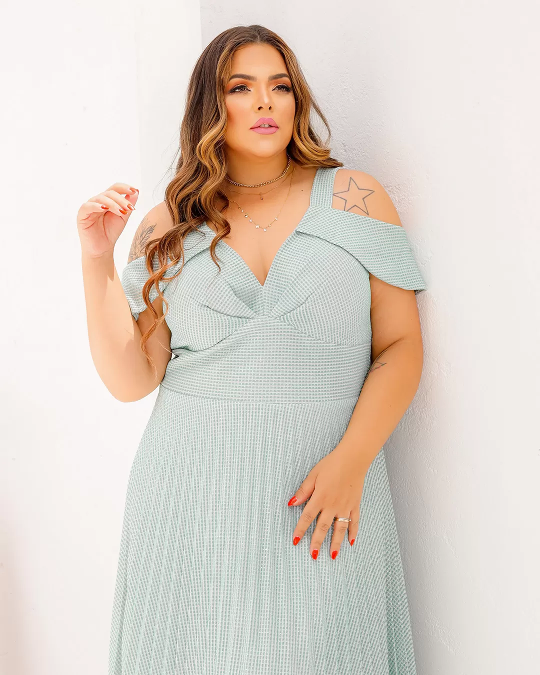 Cappuccino - Long Cappuccino Dress with Green Shoulder Detail - 8J152PSVERDE Cappuccino - Long Cappuccino Dress with Green Shoulder Detail - 8J152PSVERDE