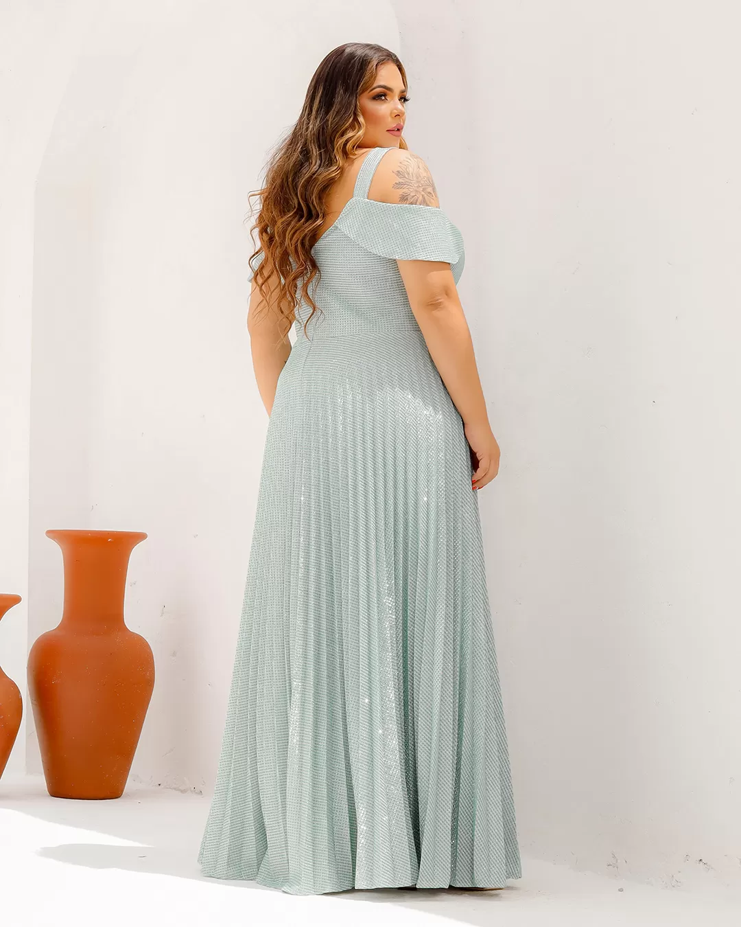 Cappuccino - Long Cappuccino Dress with Green Shoulder Detail - 8J152PSVERDE Cappuccino - Long Cappuccino Dress with Green Shoulder Detail - 8J152PSVERDE
