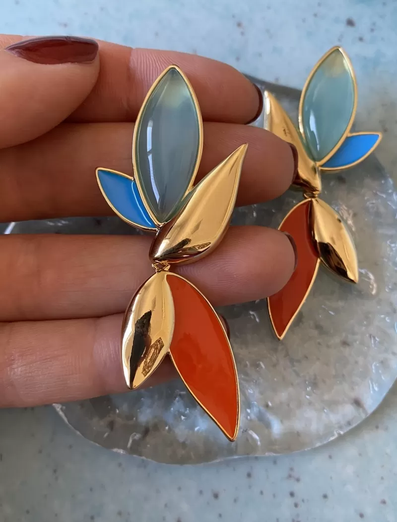Mikabe - Earring Orange Flower and Sky Blue Agate - MK1613 Mikabe - Earring Orange Flower and Sky Blue Agate - MK1613