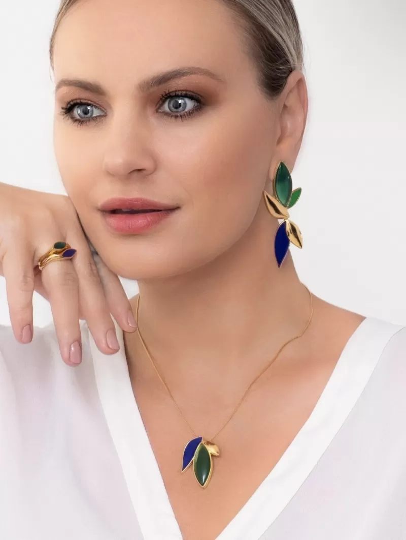 Mikabe - Earring Blue Flower and Green Agate - MK1614