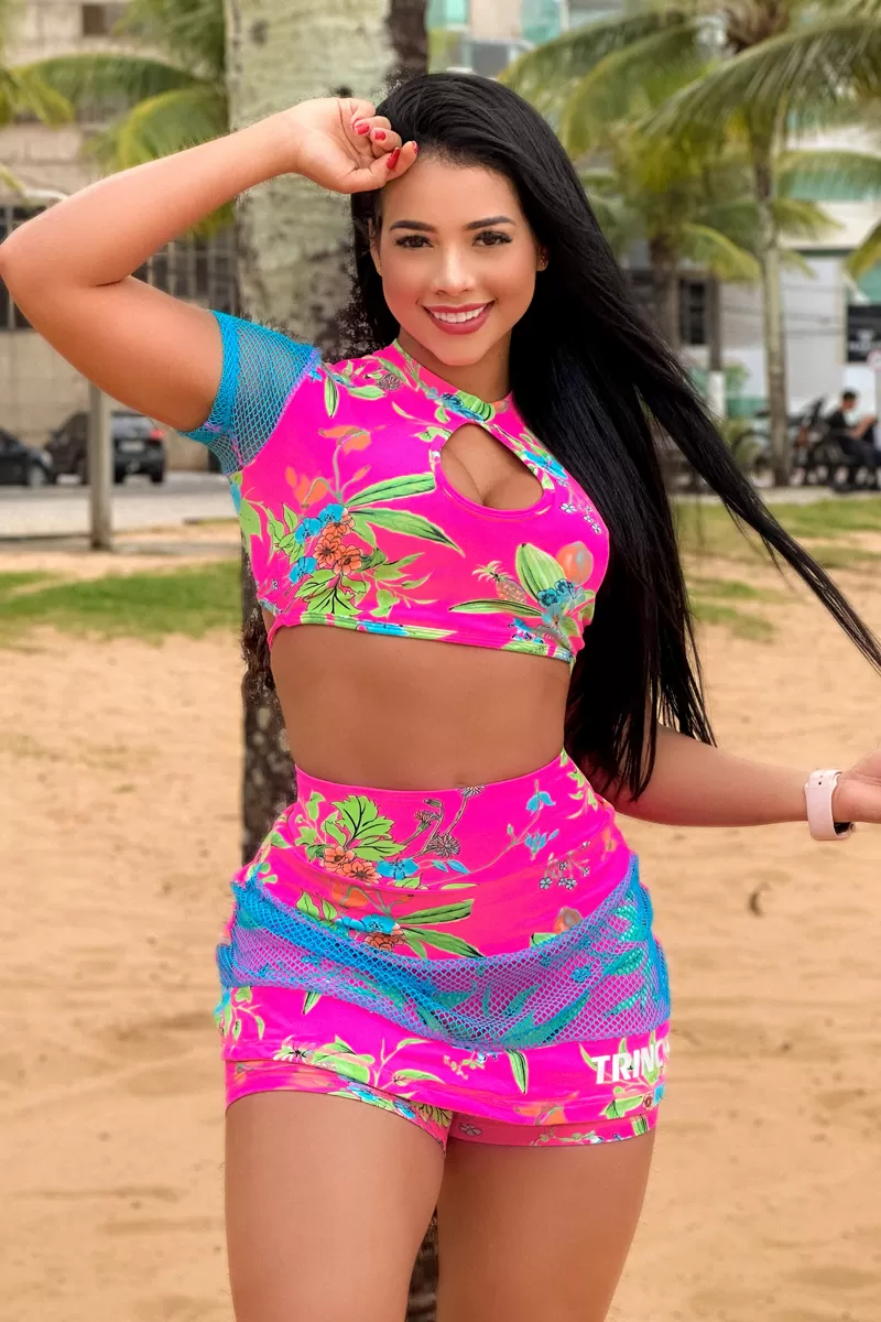 Elastic Power Trincks - Set Short Skirt and Croped Hawaii Pink - Elastic Power Trincks - Set Short Skirt and Croped Hawaii Pink -