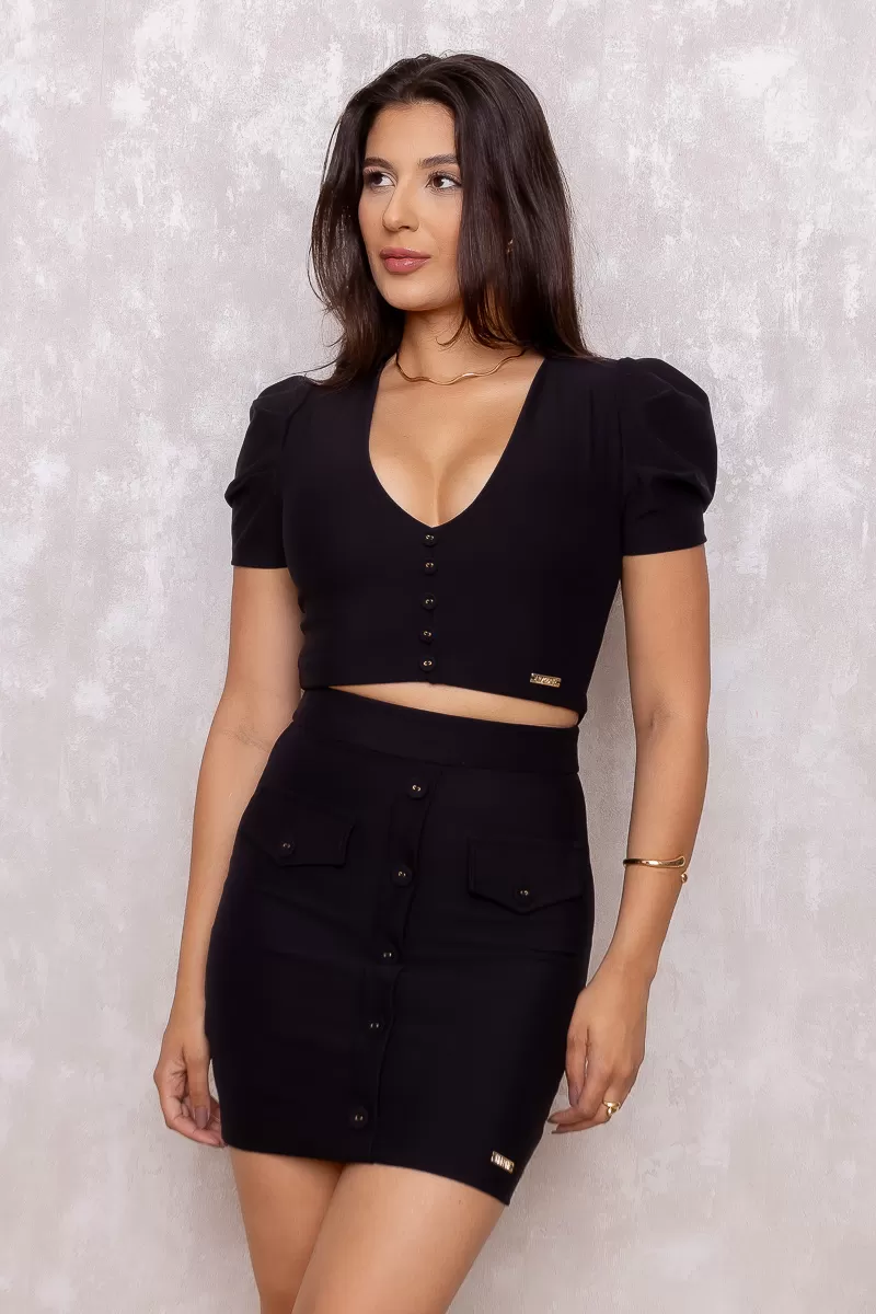 Limone - Cropped Limone and Black Skirt Set - 08-215PRETO Limone - Cropped Limone and Black Skirt Set - 08-215PRETO