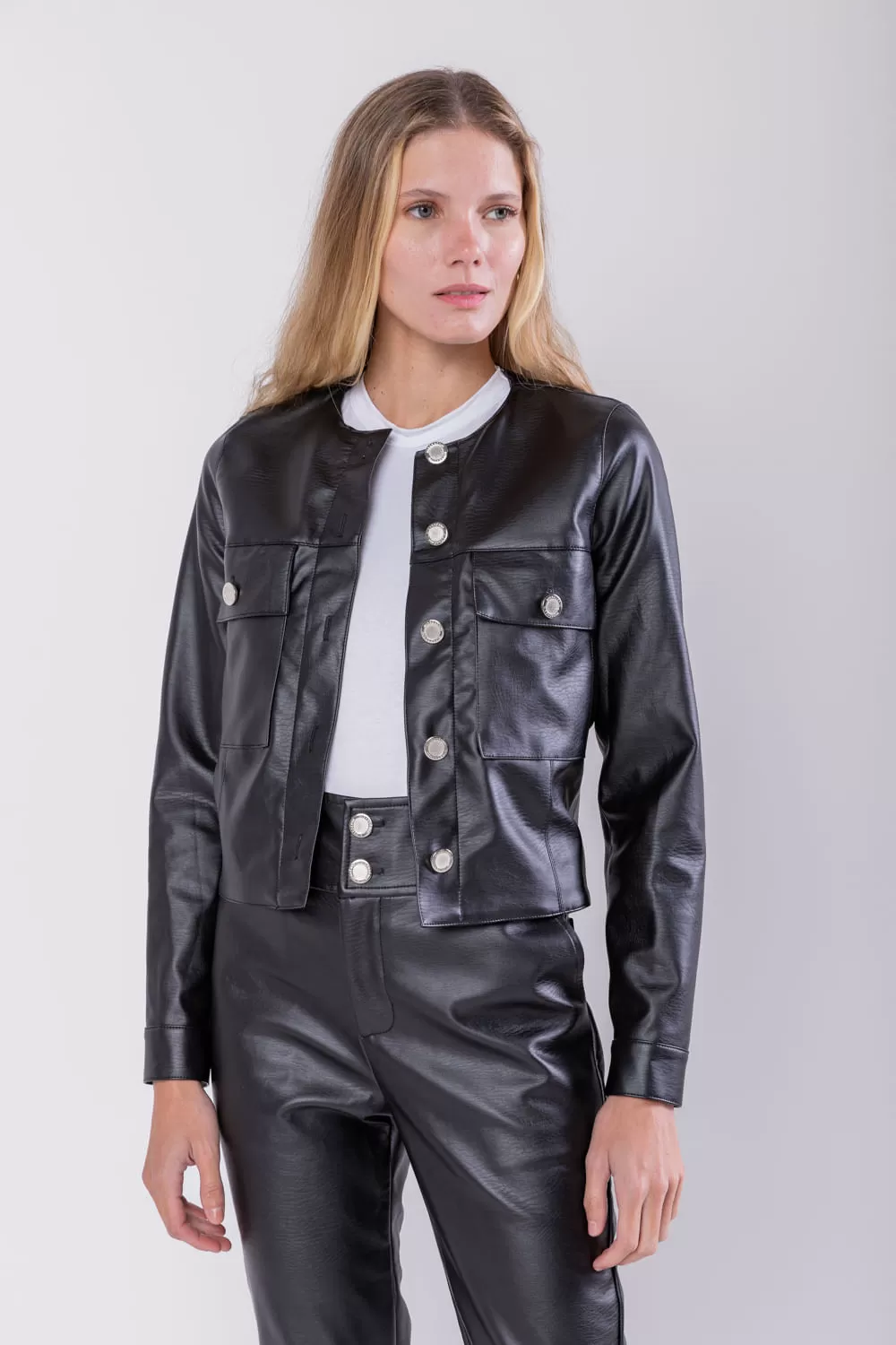Hidrogênio - BLACK LEATHER JACKET WITH BUTTONS AND POCKETS - 19745001 Hidrogênio - BLACK LEATHER JACKET WITH BUTTONS AND POCKETS - 19745001