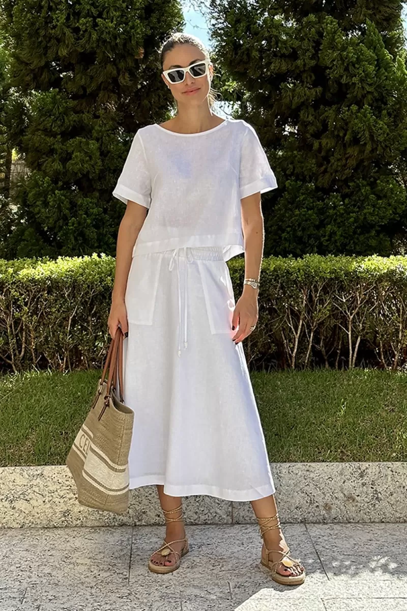 Hidrogênio - WHITE LINEN EVASE MIDI SKIRT - 19800002 Hidrogênio - WHITE LINEN EVASE MIDI SKIRT - 19800002