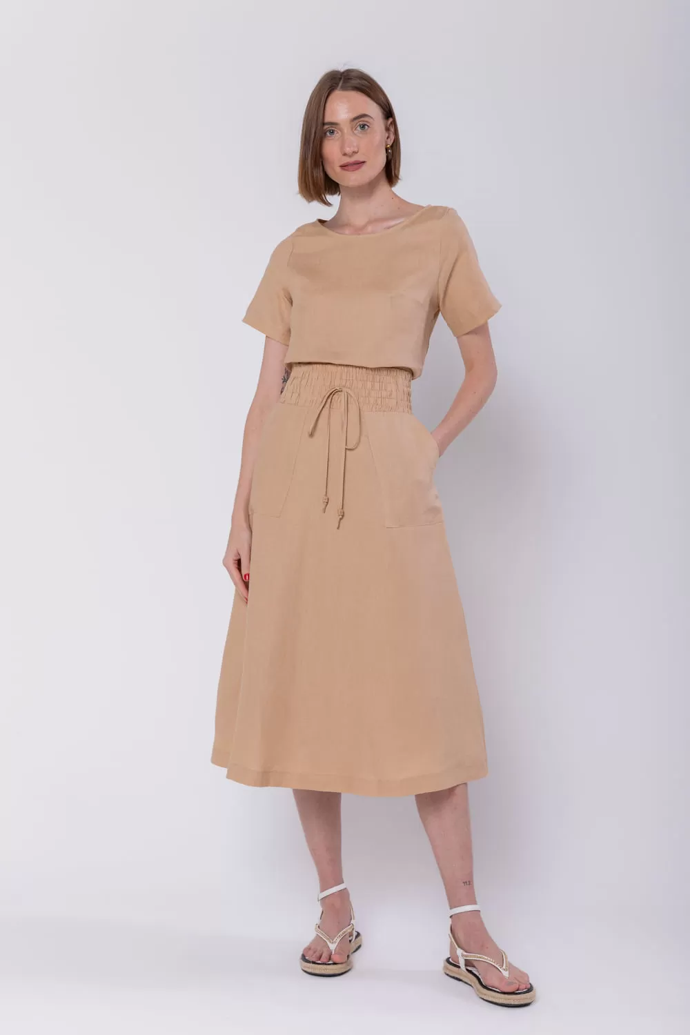 Hidrogênio - CARAMEL LINEN EVASE MIDI SKIRT - 19800029 Hidrogênio - CARAMEL LINEN EVASE MIDI SKIRT - 19800029
