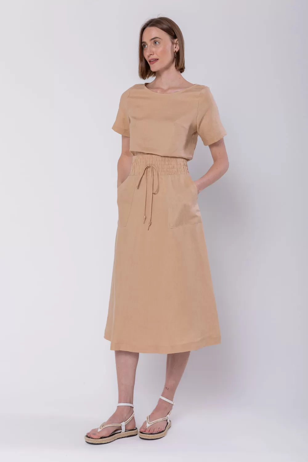 Hidrogênio - CARAMEL LINEN EVASE MIDI SKIRT - 19800029 Hidrogênio - CARAMEL LINEN EVASE MIDI SKIRT - 19800029