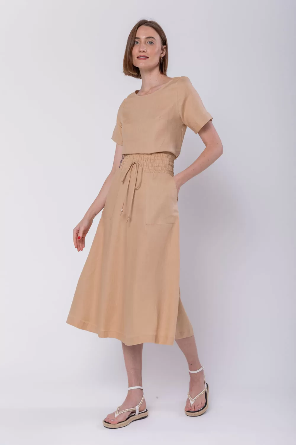 Hidrogênio - CARAMEL LINEN EVASE MIDI SKIRT - 19800029 Hidrogênio - CARAMEL LINEN EVASE MIDI SKIRT - 19800029
