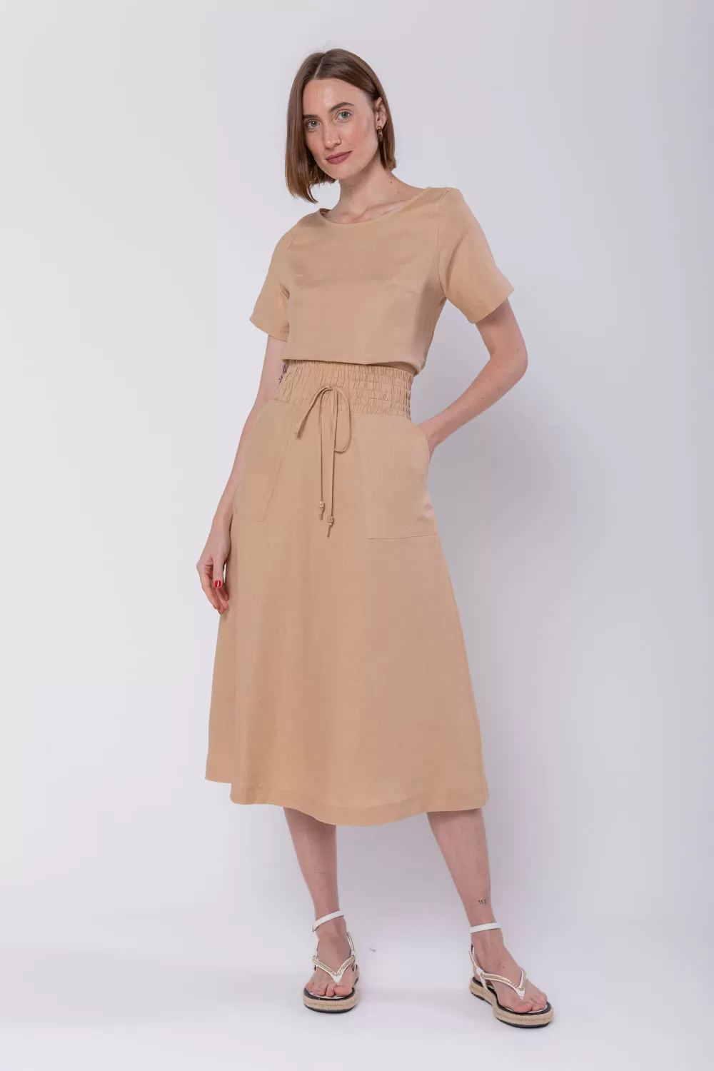 Hidrogênio - CARAMEL LINEN EVASE MIDI SKIRT - 19800029 Hidrogênio - CARAMEL LINEN EVASE MIDI SKIRT - 19800029