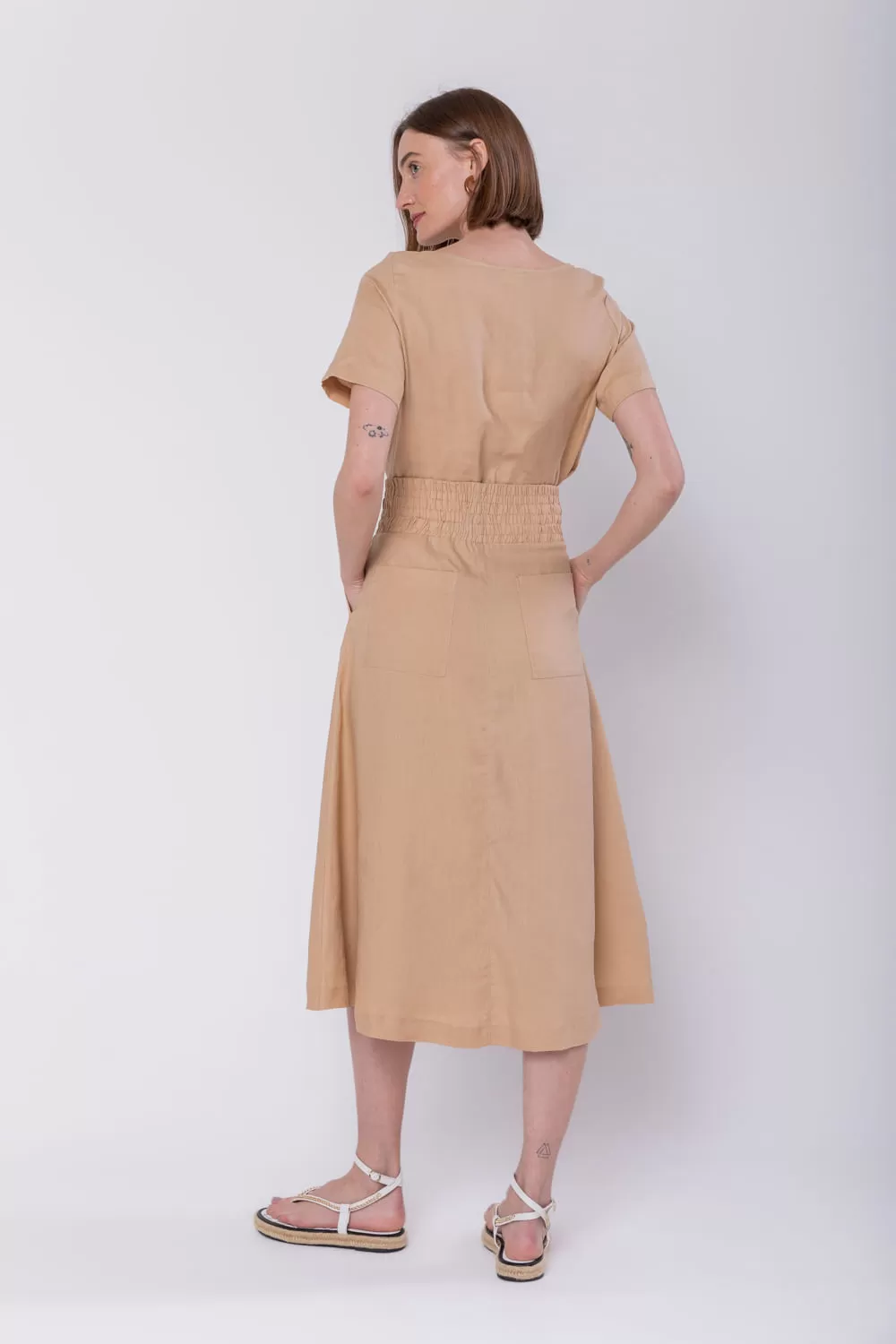 Hidrogênio - CARAMEL LINEN EVASE MIDI SKIRT - 19800029 Hidrogênio - CARAMEL LINEN EVASE MIDI SKIRT - 19800029