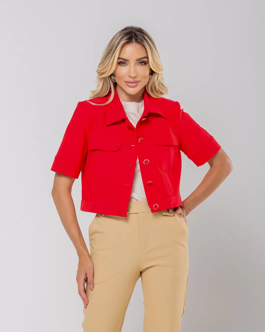 Miss Misses - Miss Misses Shirt With Grosgrain Button Pockets Red - 54107024