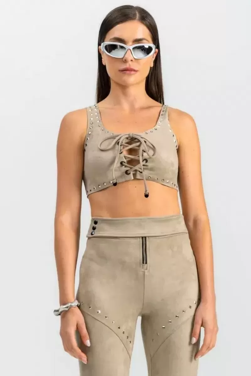 Labellamafia - Labellamafia Exotic Beige Velvet Top - 28455 Labellamafia - Labellamafia Exotic Beige Velvet Top - 28455