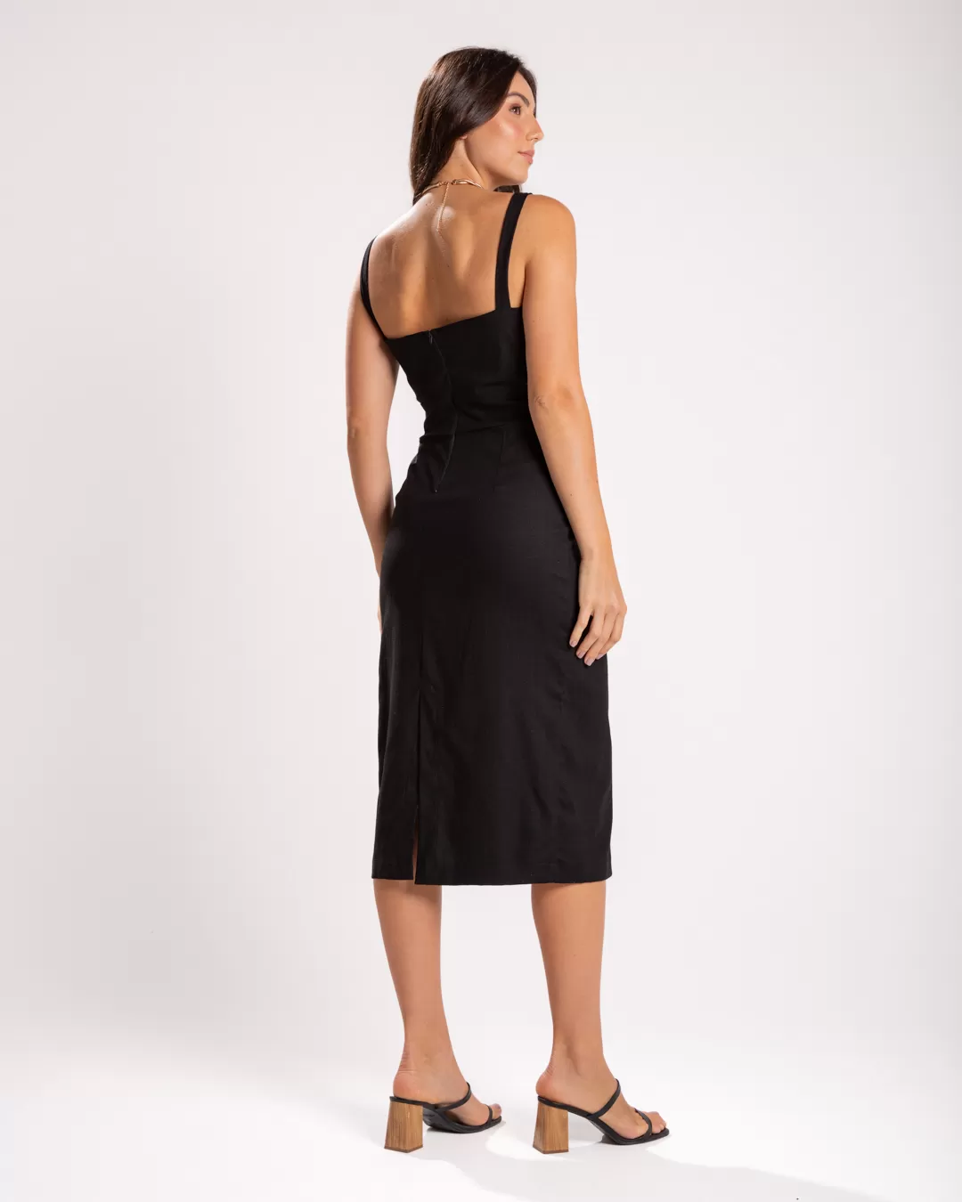 Miss Misses - Miss Misses Linen Dress with Side Opening Black - 54123PRETO Miss Misses - Miss Misses Linen Dress with Side Opening Black - 54123PRETO