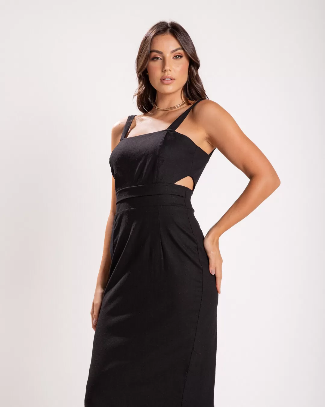 Miss Misses - Miss Misses Linen Dress with Side Opening Black - 54123PRETO Miss Misses - Miss Misses Linen Dress with Side Opening Black - 54123PRETO