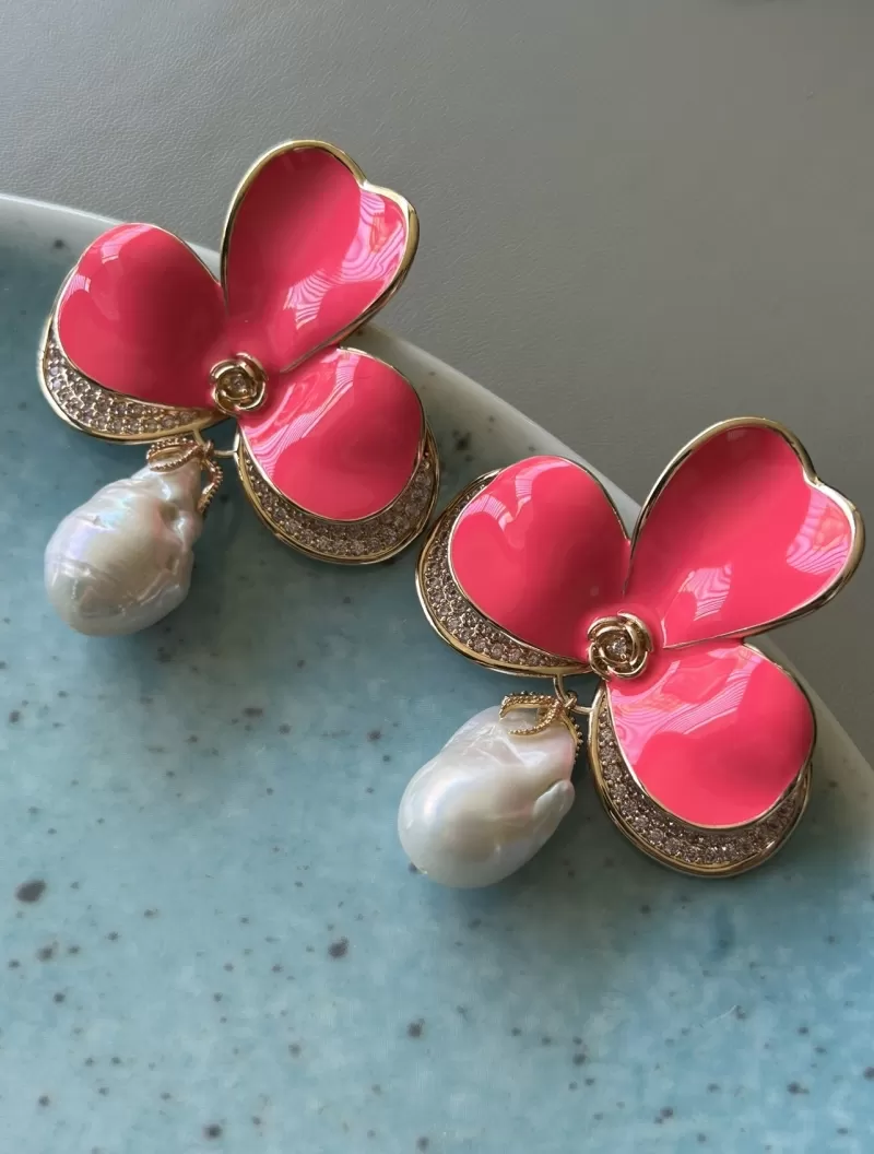 Mikabe - Pink Baroque Pearl Enamelled Orchid Earring - MK1664