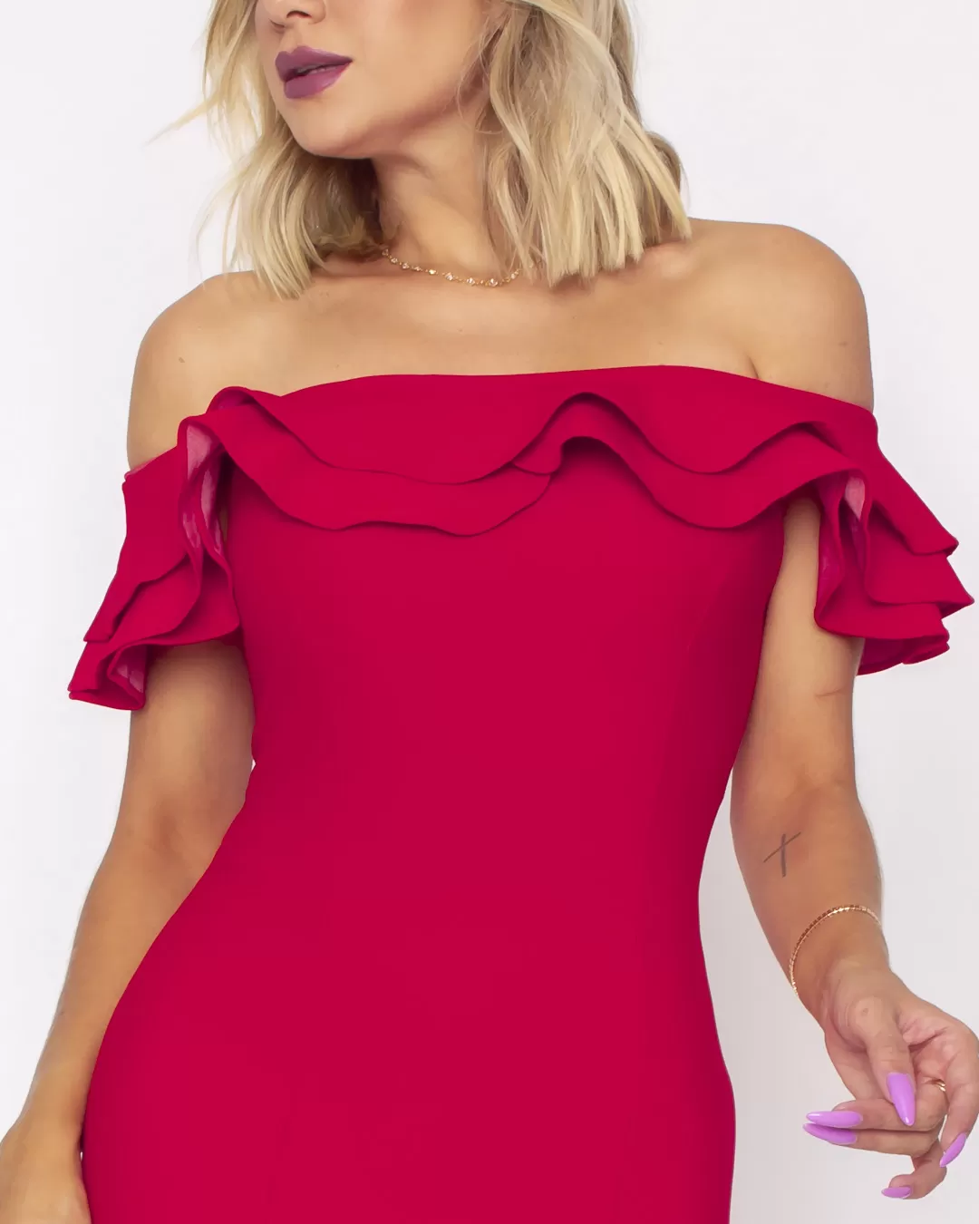 Miss Misses - Dress Miss Misses Midi frill Shoulder to Shoulder Red - 19012VERM