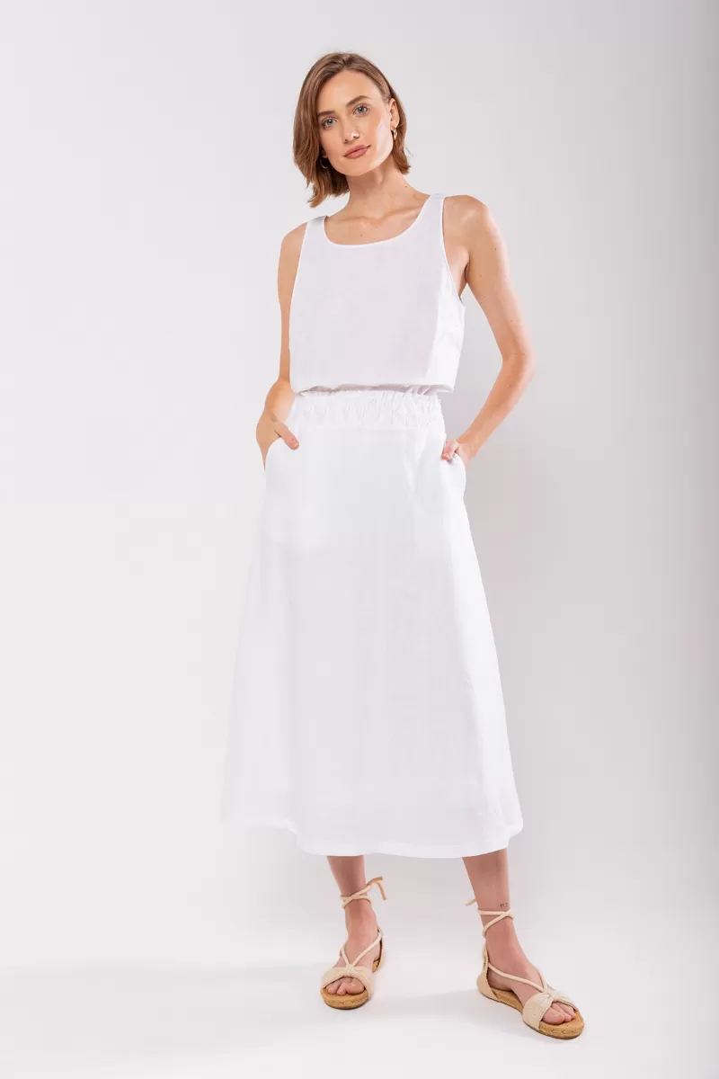 Hidrogênio - 100% LINEN EVASE MIDI SKIRT WITH WHITE FROWN WAIST - 19870002 Hidrogênio - 100% LINEN EVASE MIDI SKIRT WITH WHITE FROWN WAIST - 19870002