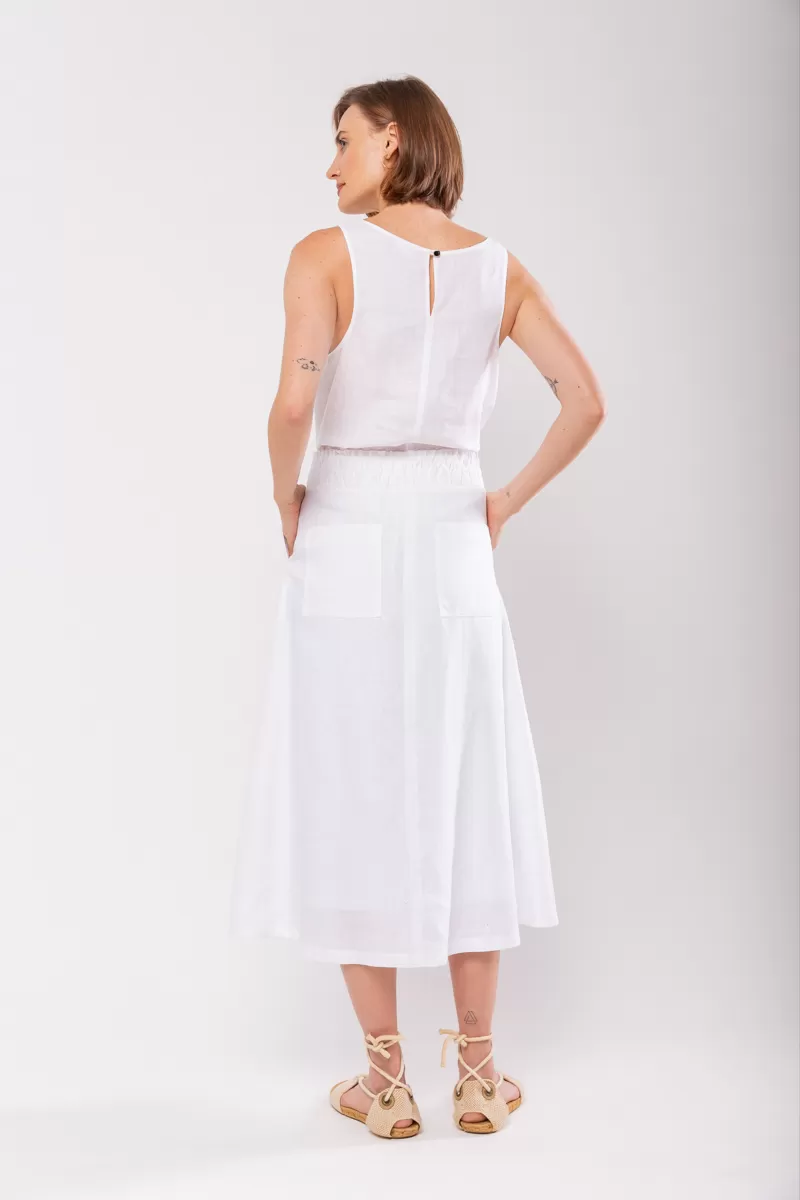 Hidrogênio - 100% LINEN EVASE MIDI SKIRT WITH WHITE FROWN WAIST - 19870002 Hidrogênio - 100% LINEN EVASE MIDI SKIRT WITH WHITE FROWN WAIST - 19870002