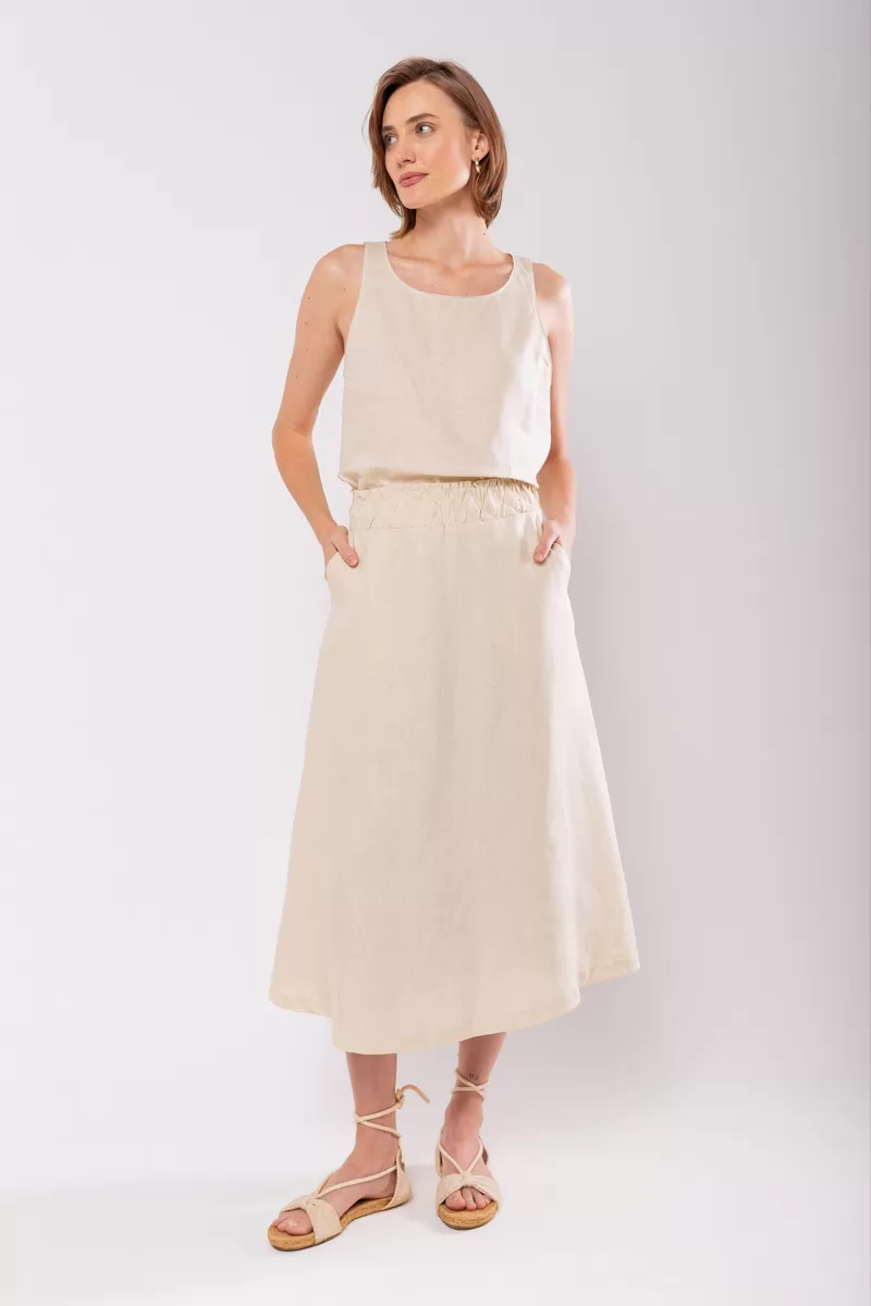 Hidrogênio - 100% LINEN EVASE MIDI SKIRT WITH FROWN CREAM WAIST - 19870016 Hidrogênio - 100% LINEN EVASE MIDI SKIRT WITH FROWN CREAM WAIST - 19870016