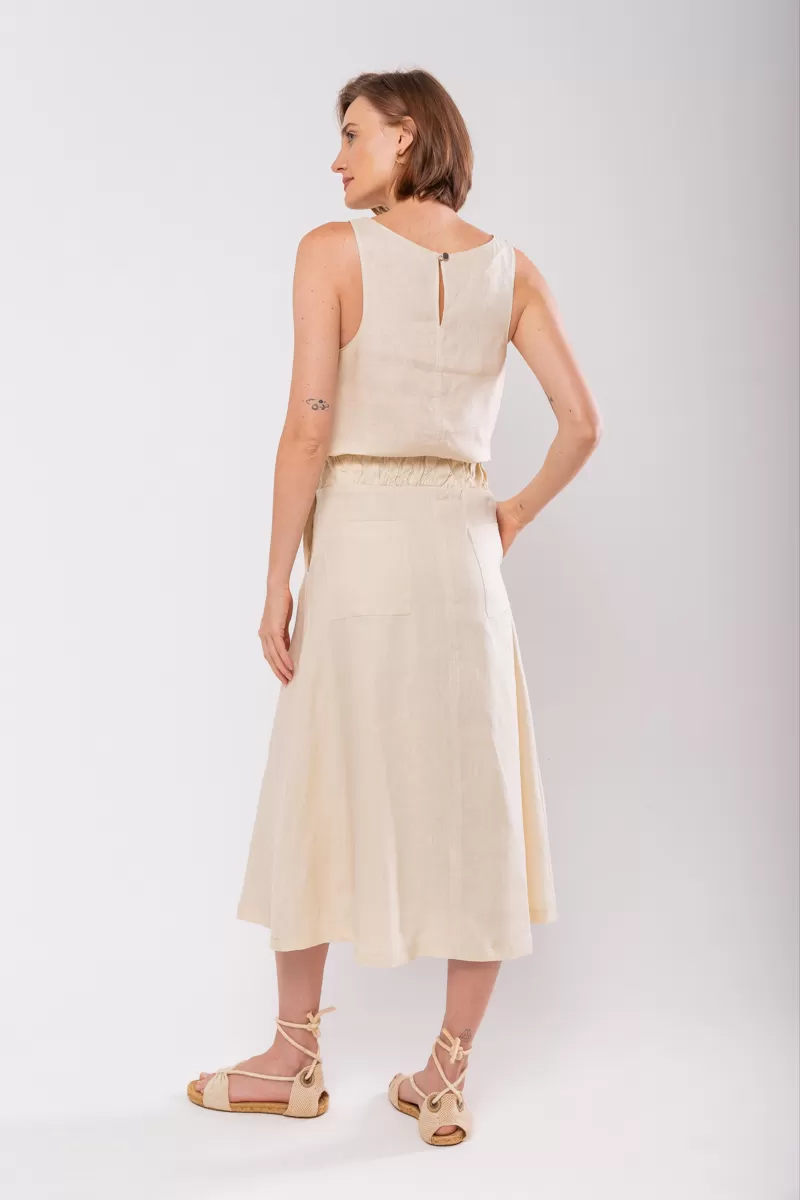 Hidrogênio - 100% LINEN EVASE MIDI SKIRT WITH FROWN CREAM WAIST - 19870016 Hidrogênio - 100% LINEN EVASE MIDI SKIRT WITH FROWN CREAM WAIST - 19870016