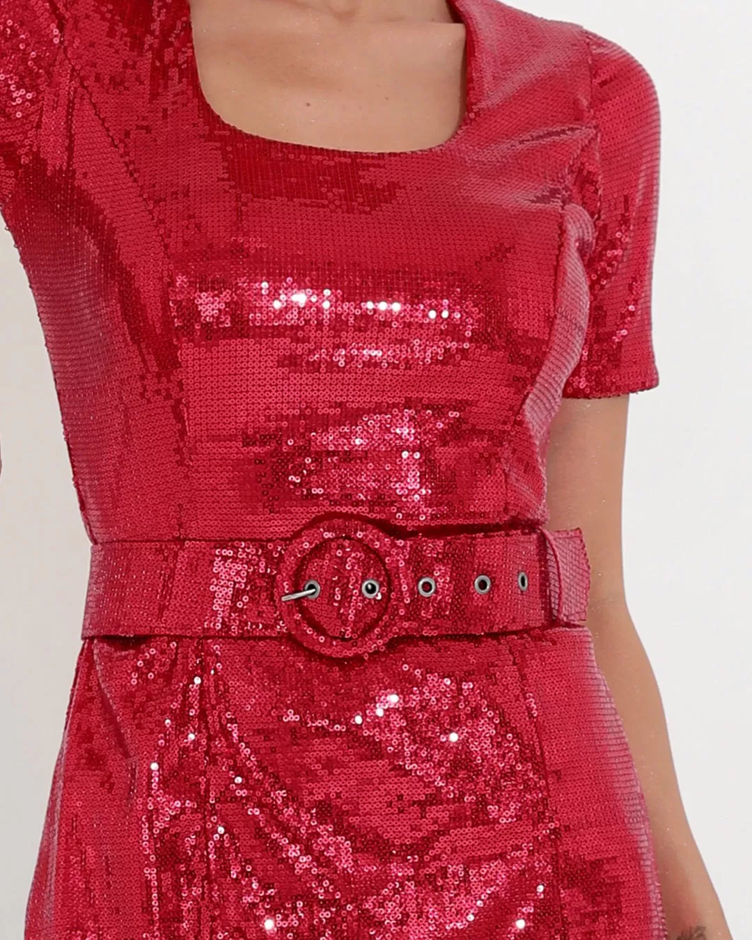 Miss Misses - Miss Misses Short Sleeve Sequin Dress With Red Zipper - 19180VERMELHO Miss Misses - Miss Misses Short Sleeve Sequin Dress With Red Zipper - 19180VERMELHO