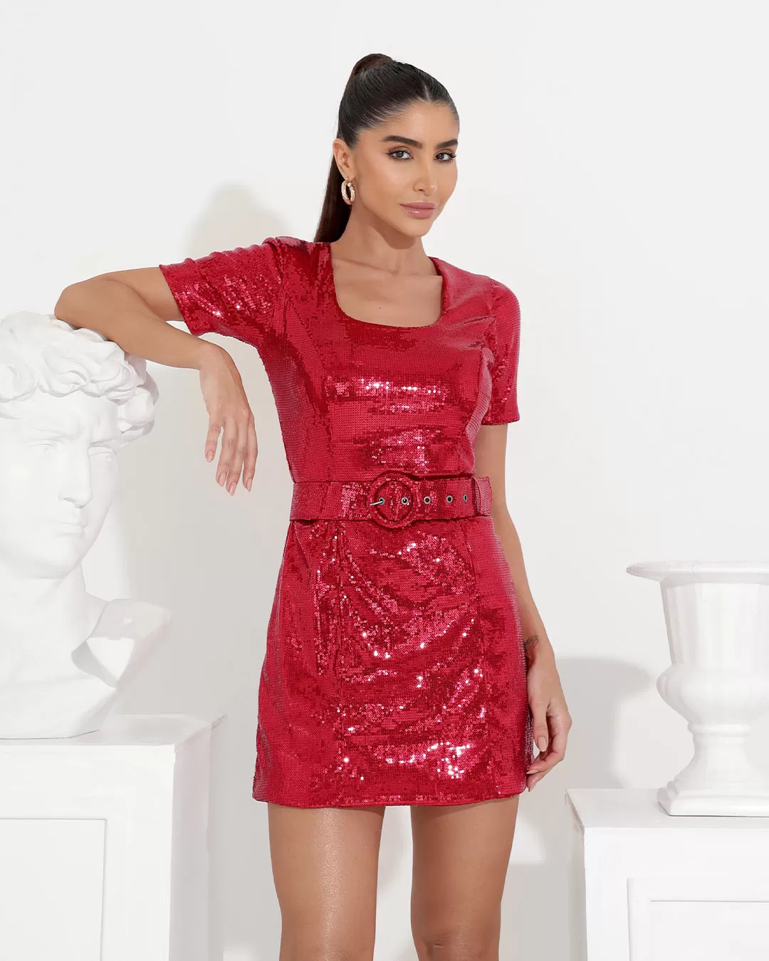 Miss Misses - Miss Misses Short Sleeve Sequin Dress With Red Zipper - 19180VERMELHO