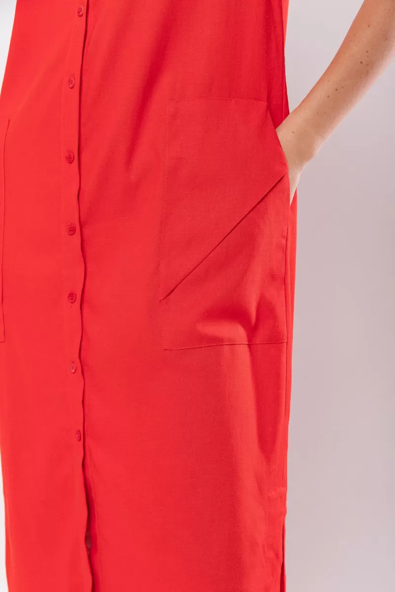 Hidrogênio - LINEN CHEMISIE MIDI DRESS WITH POCKETS RED - 19878008 Hidrogênio - LINEN CHEMISIE MIDI DRESS WITH POCKETS RED - 19878008