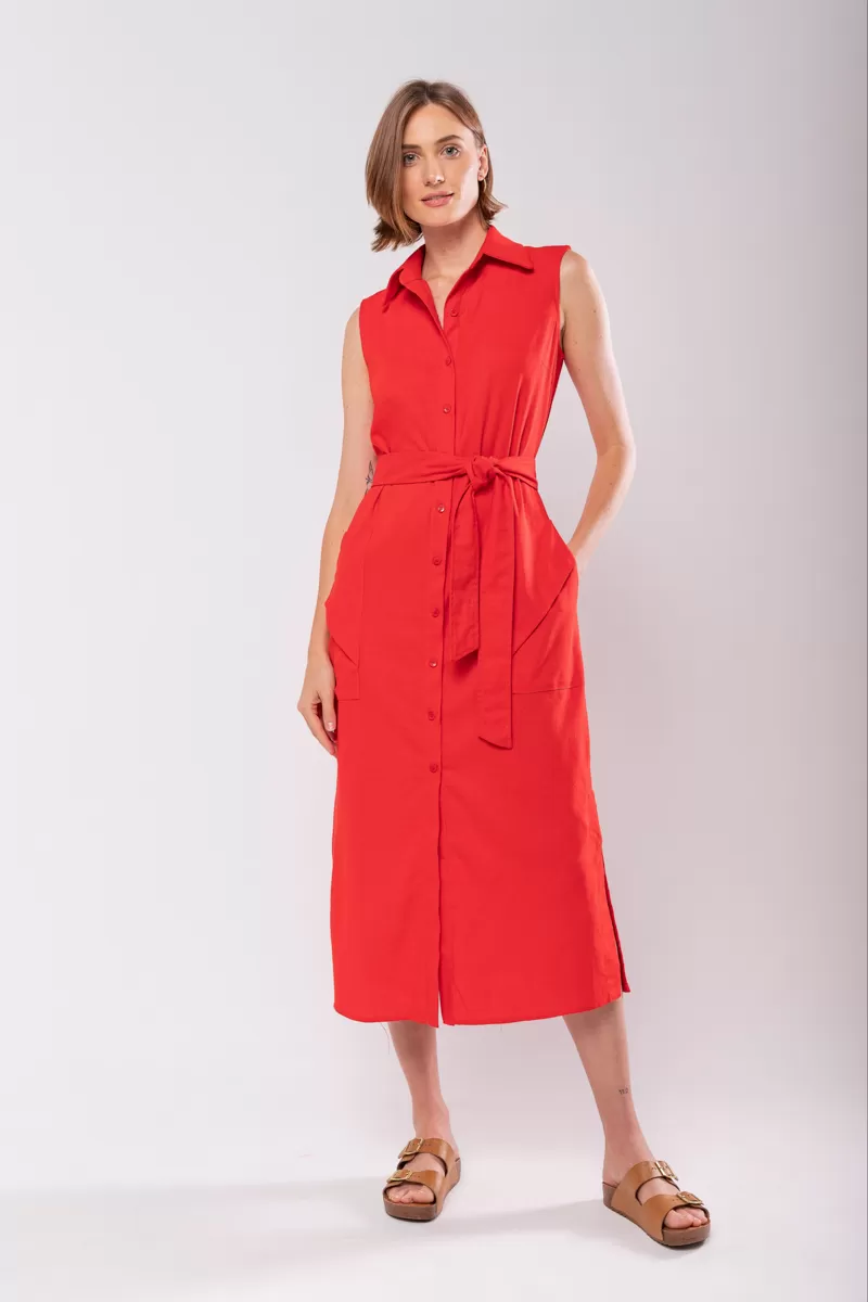 Hidrogênio - LINEN CHEMISIE MIDI DRESS WITH POCKETS RED - 19878008 Hidrogênio - LINEN CHEMISIE MIDI DRESS WITH POCKETS RED - 19878008