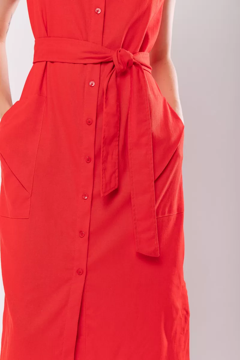 Hidrogênio - LINEN CHEMISIE MIDI DRESS WITH POCKETS RED - 19878008 Hidrogênio - LINEN CHEMISIE MIDI DRESS WITH POCKETS RED - 19878008