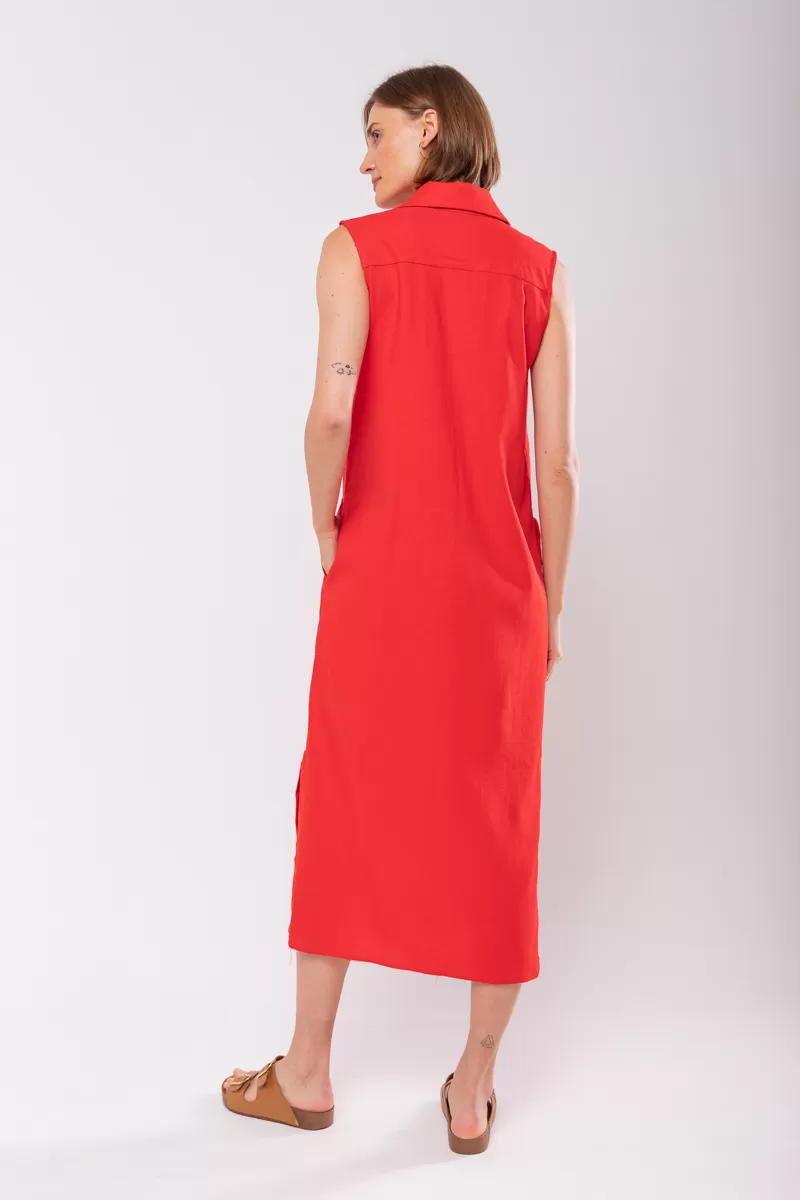 Hidrogênio - LINEN CHEMISIE MIDI DRESS WITH POCKETS RED - 19878008 Hidrogênio - LINEN CHEMISIE MIDI DRESS WITH POCKETS RED - 19878008