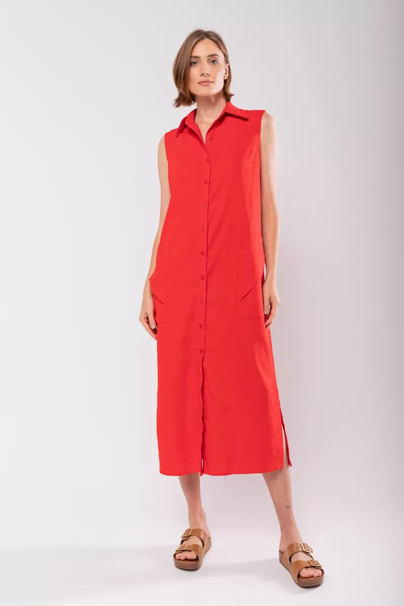Hidrogênio - LINEN CHEMISIE MIDI DRESS WITH POCKETS RED - 19878008 Hidrogênio - LINEN CHEMISIE MIDI DRESS WITH POCKETS RED - 19878008