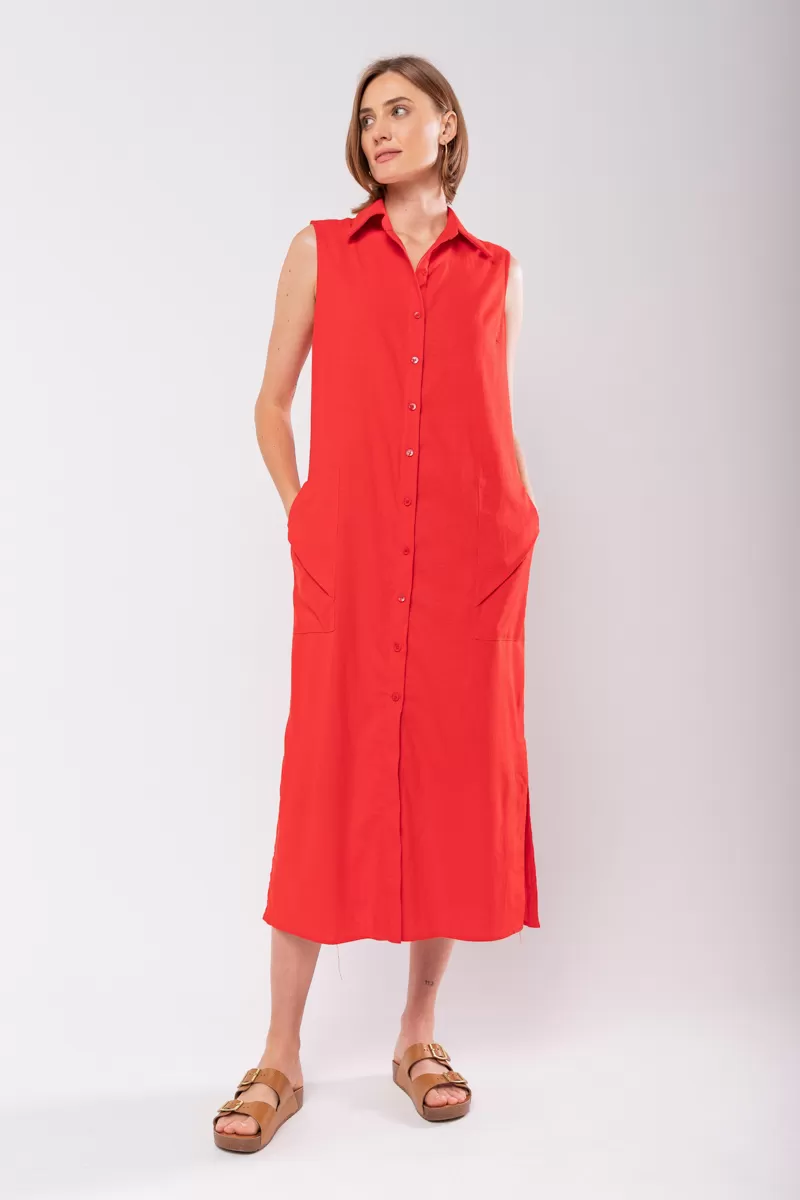 Hidrogênio - LINEN CHEMISIE MIDI DRESS WITH POCKETS RED - 19878008 Hidrogênio - LINEN CHEMISIE MIDI DRESS WITH POCKETS RED - 19878008