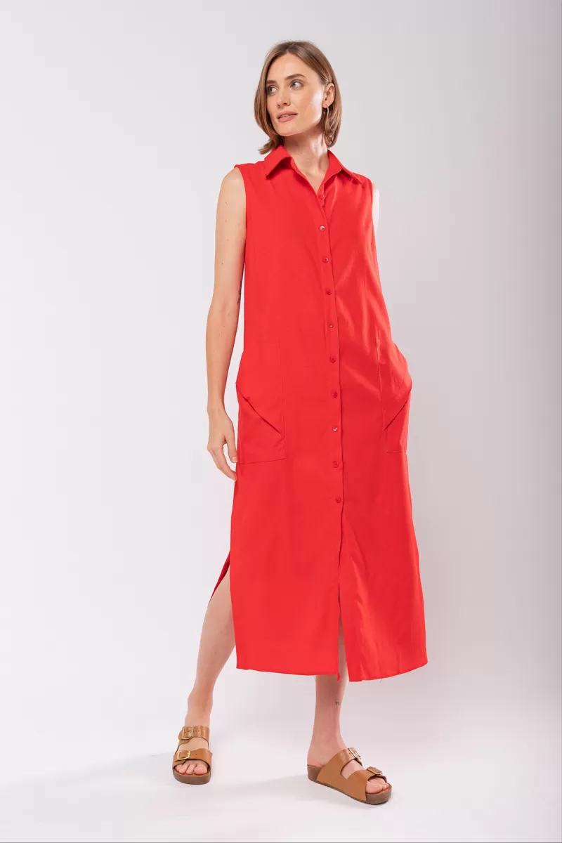 Hidrogênio - LINEN CHEMISIE MIDI DRESS WITH POCKETS RED - 19878008 Hidrogênio - LINEN CHEMISIE MIDI DRESS WITH POCKETS RED - 19878008