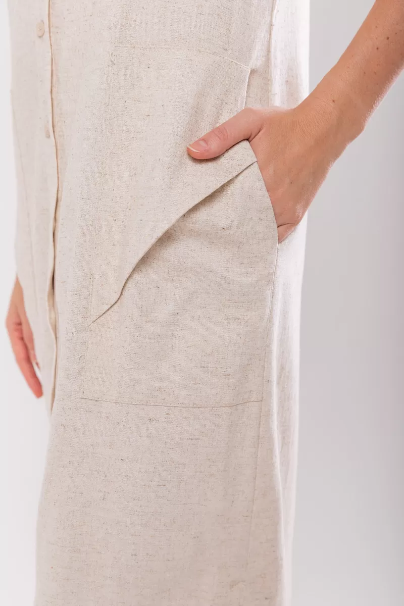 Hidrogênio - LINEN CHEMISIE MIDI DRESS WITH POCKETS BEIGE - 19878509 Hidrogênio - LINEN CHEMISIE MIDI DRESS WITH POCKETS BEIGE - 19878509