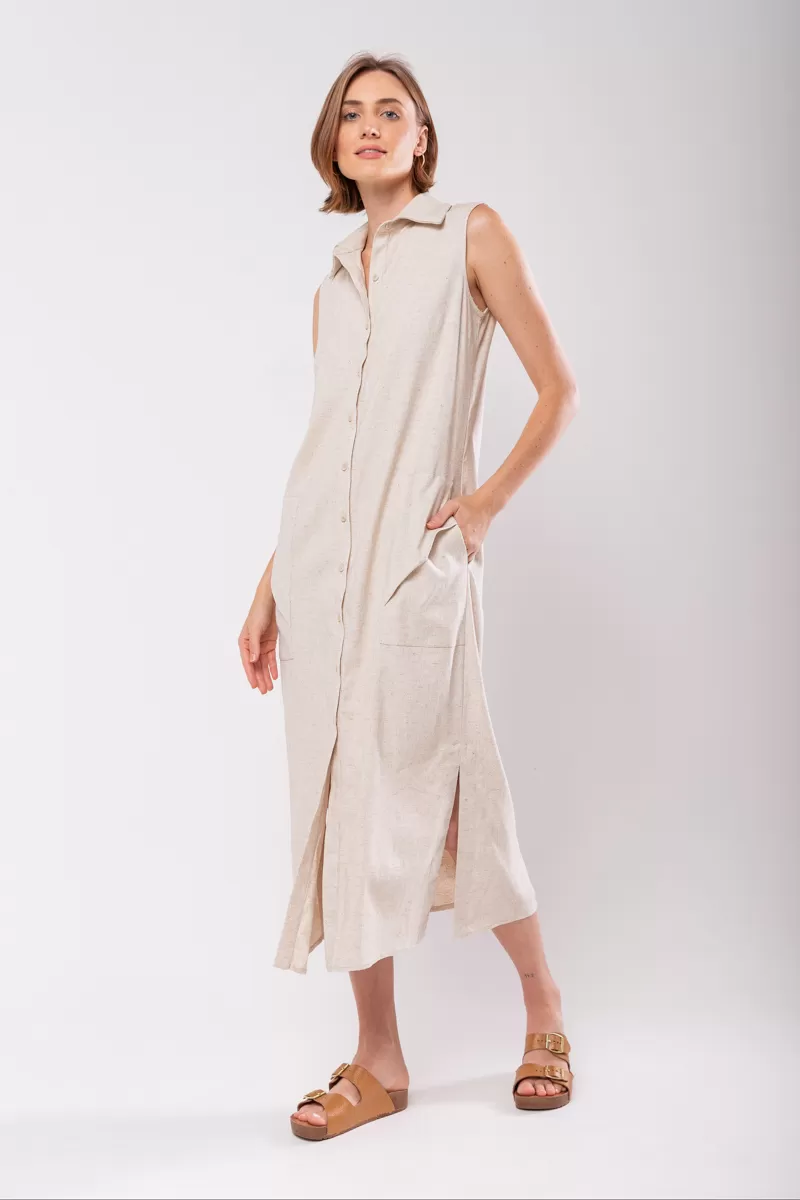 Hidrogênio - LINEN CHEMISIE MIDI DRESS WITH POCKETS BEIGE - 19878509 Hidrogênio - LINEN CHEMISIE MIDI DRESS WITH POCKETS BEIGE - 19878509