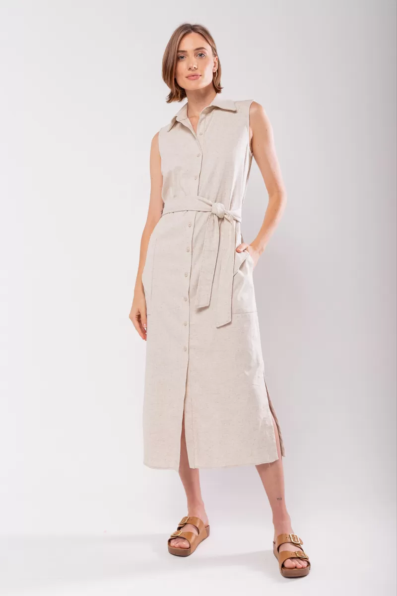 Hidrogênio - LINEN CHEMISIE MIDI DRESS WITH POCKETS BEIGE - 19878509 Hidrogênio - LINEN CHEMISIE MIDI DRESS WITH POCKETS BEIGE - 19878509