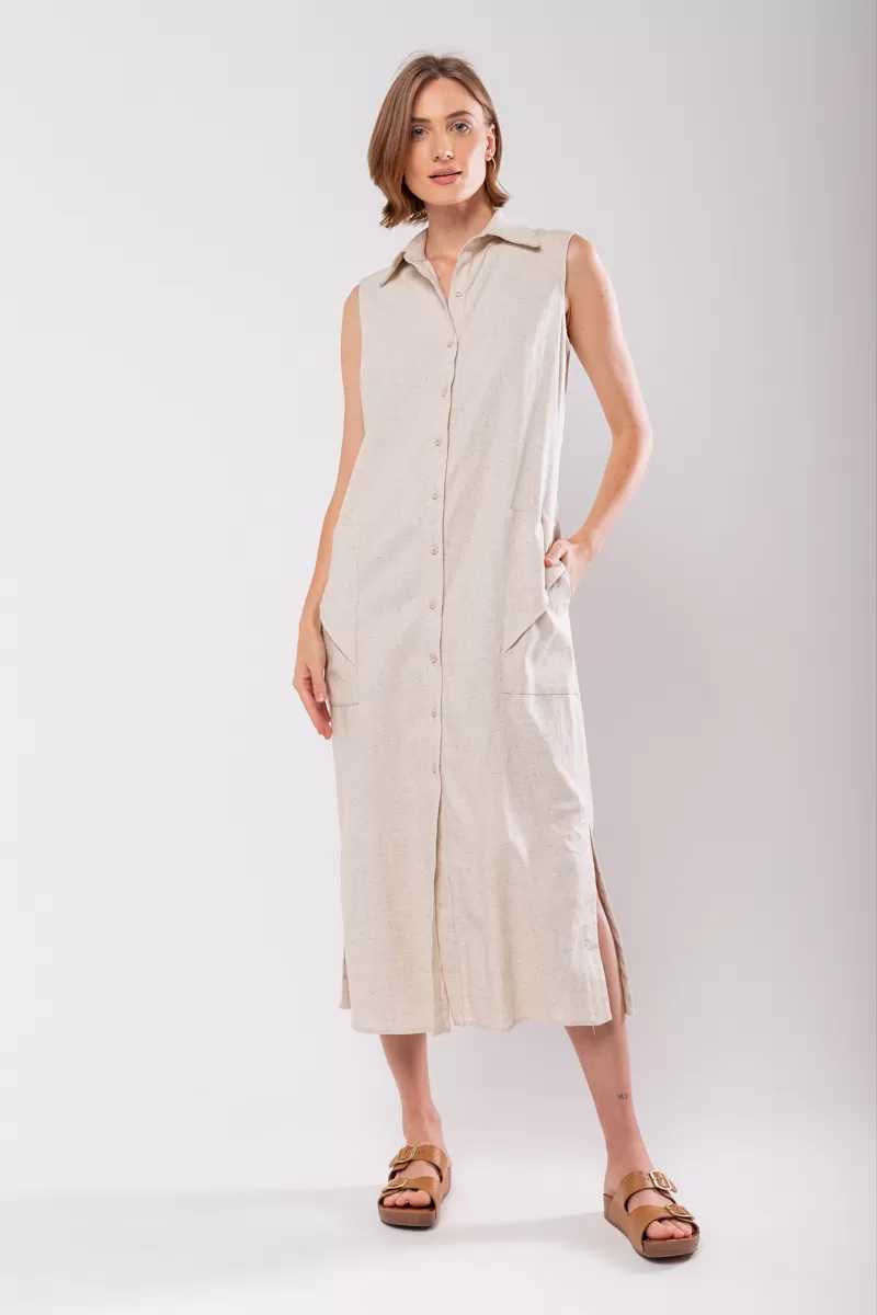 Hidrogênio - LINEN CHEMISIE MIDI DRESS WITH POCKETS BEIGE - 19878509 Hidrogênio - LINEN CHEMISIE MIDI DRESS WITH POCKETS BEIGE - 19878509