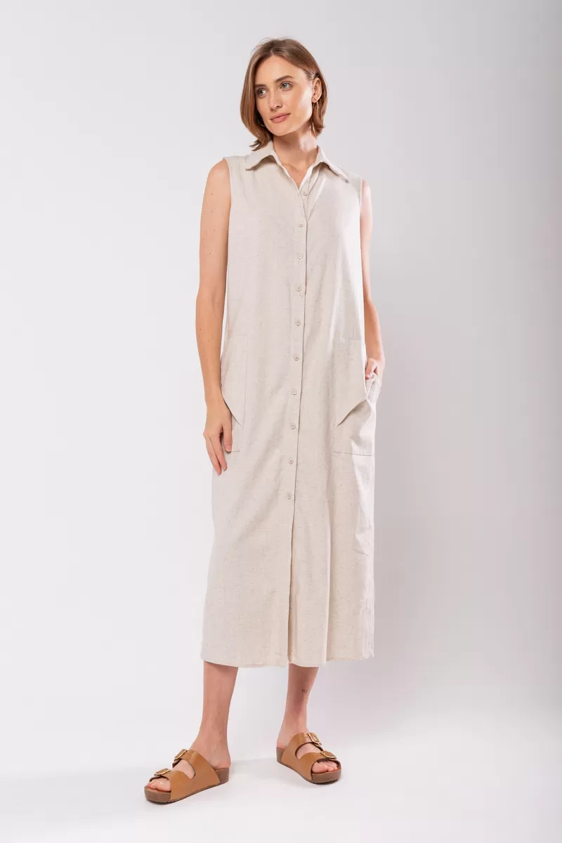 Hidrogênio - LINEN CHEMISIE MIDI DRESS WITH POCKETS BEIGE - 19878509 Hidrogênio - LINEN CHEMISIE MIDI DRESS WITH POCKETS BEIGE - 19878509