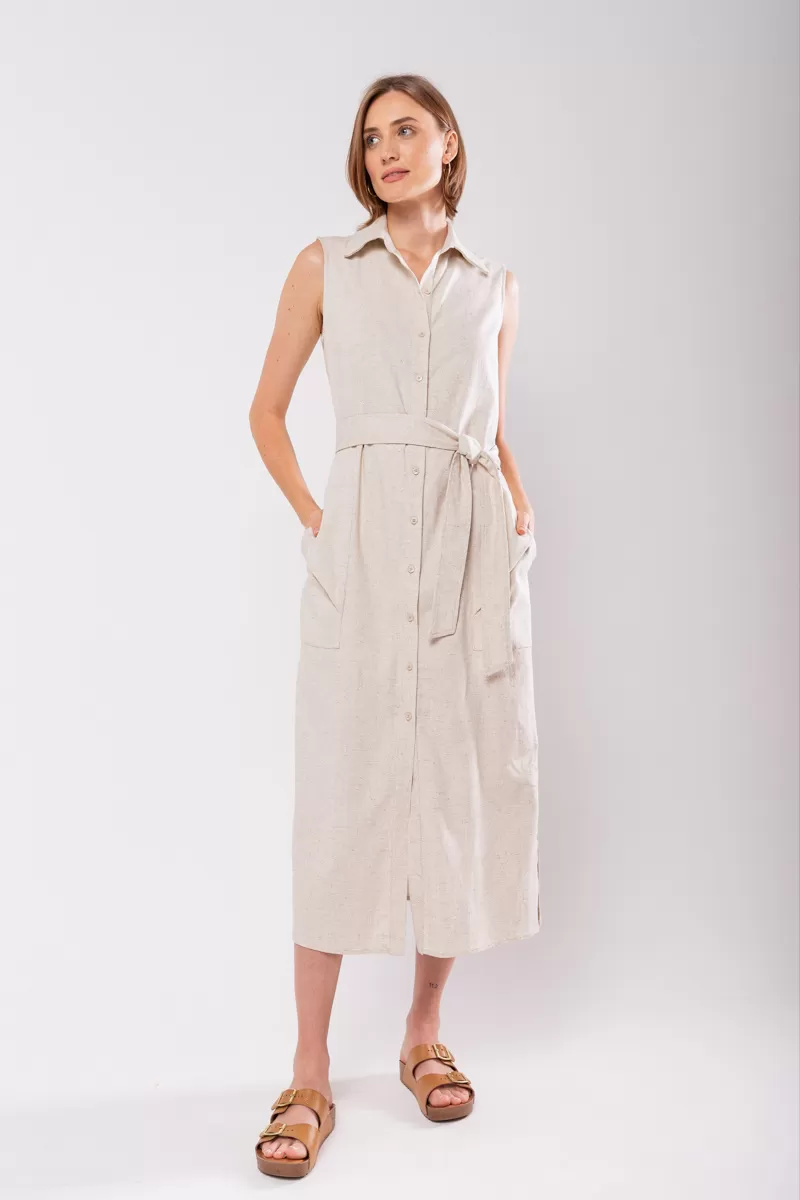 Hidrogênio - LINEN CHEMISIE MIDI DRESS WITH POCKETS BEIGE - 19878509 Hidrogênio - LINEN CHEMISIE MIDI DRESS WITH POCKETS BEIGE - 19878509