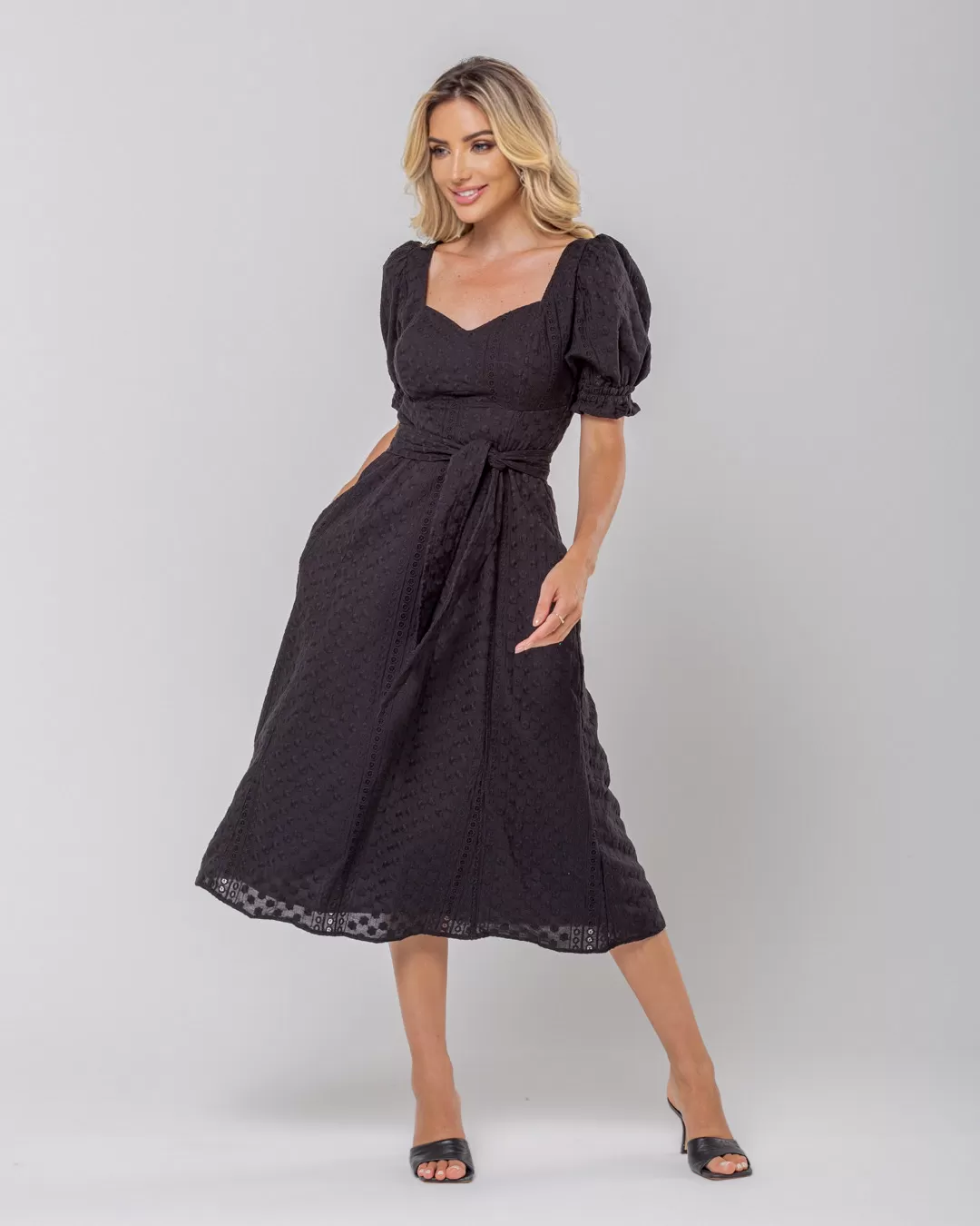 Miss Misses - Miss Misses Midi Princess Sleeve Dress With Sash Black - 54130PRETO Miss Misses - Miss Misses Midi Princess Sleeve Dress With Sash Black - 54130PRETO