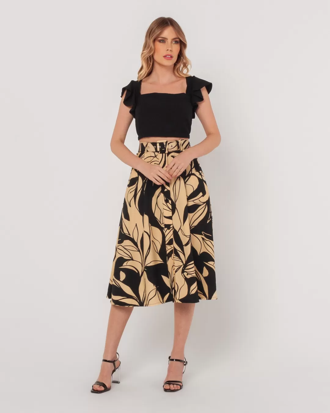 Miss Misses - Skirt Miss Misses Printed Midi With Belt Black - 54093BEGE Miss Misses - Skirt Miss Misses Printed Midi With Belt Black - 54093BEGE