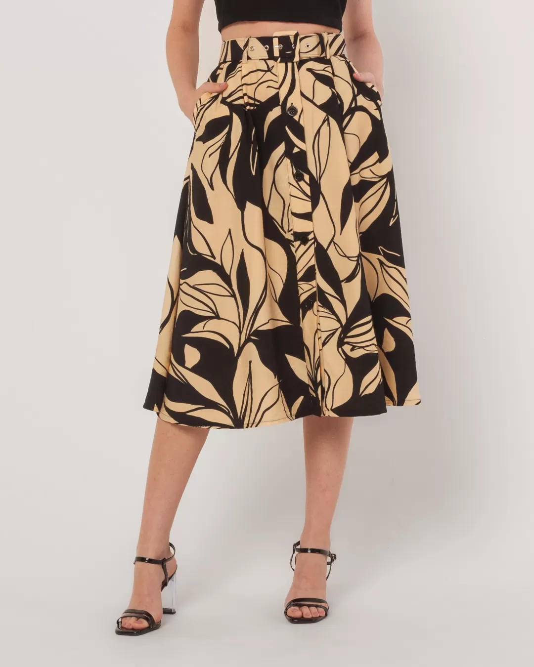 Miss Misses - Skirt Miss Misses Printed Midi With Belt Black - 54093BEGE Miss Misses - Skirt Miss Misses Printed Midi With Belt Black - 54093BEGE