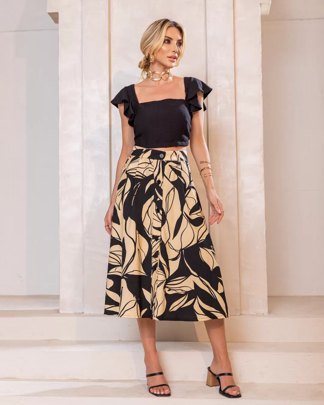 Miss Misses - Skirt Miss Misses Printed Midi With Belt Black - 54093BEGE Miss Misses - Skirt Miss Misses Printed Midi With Belt Black - 54093BEGE