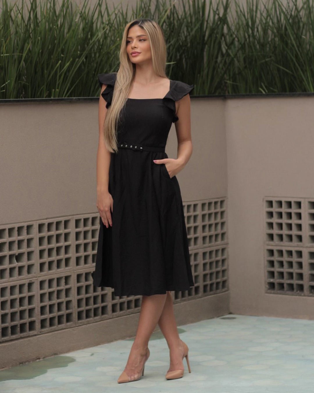 Miss Misses - Miss Misses Evase Midi Dress With Frills Black - 54101PRETO Miss Misses - Miss Misses Evase Midi Dress With Frills Black - 54101PRETO