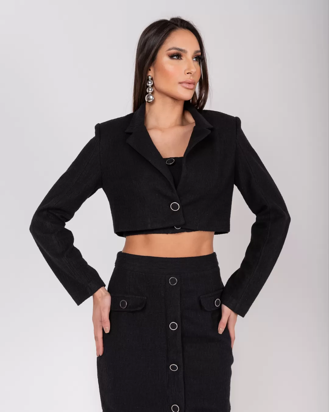Miss Misses - Miss Misses Cropped Button Tweed Jacket Black - 54057PRETO Miss Misses - Miss Misses Cropped Button Tweed Jacket Black - 54057PRETO